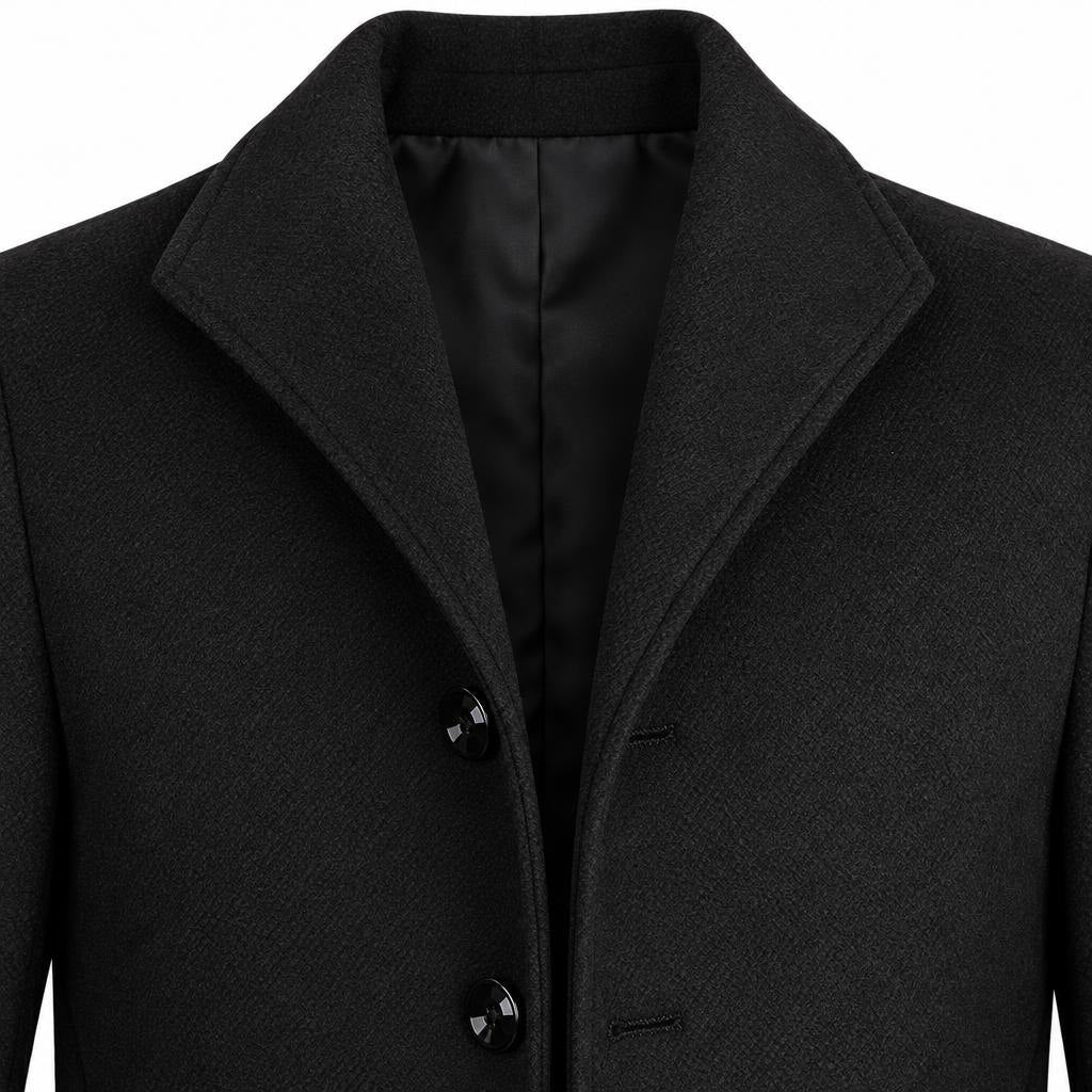 Men's Wool Single-Breasted Coat with Front Pockets and Lapel Collar — Black — view 3