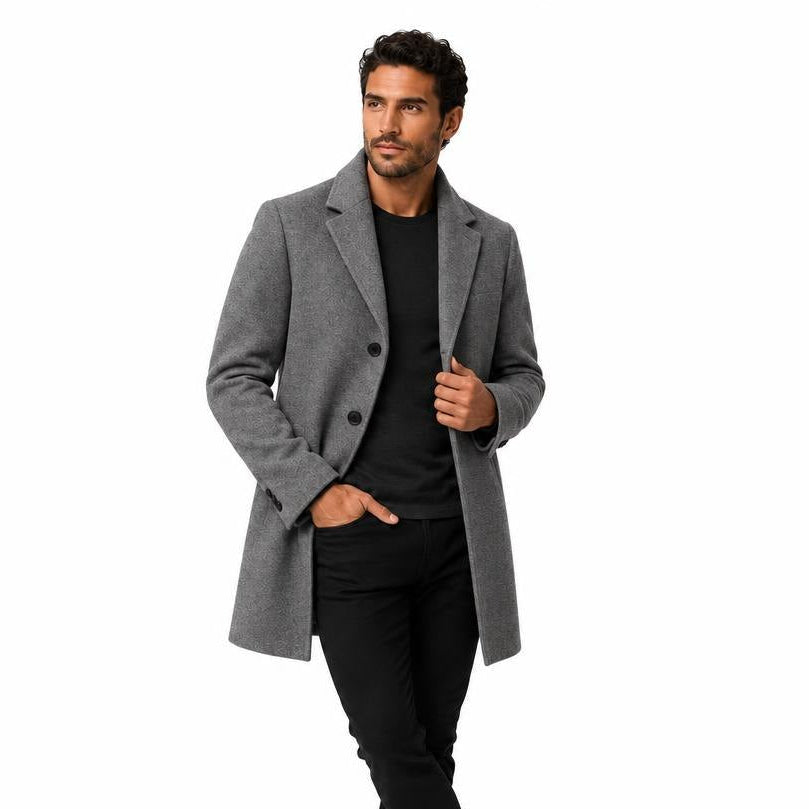 Men's Wool Longline Coat with Front Pockets, Lapel Collar and Button Front — Dark Grey — view 1