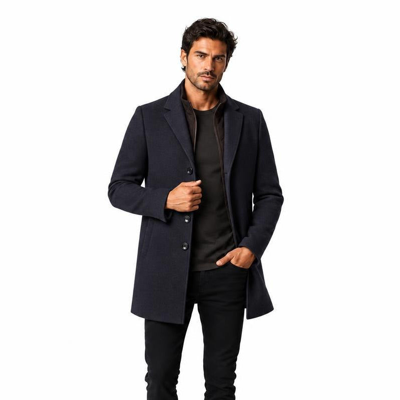 Men's Wool Single-Breasted Coat with Front Pockets and Lapel Collar — Navy — view 1