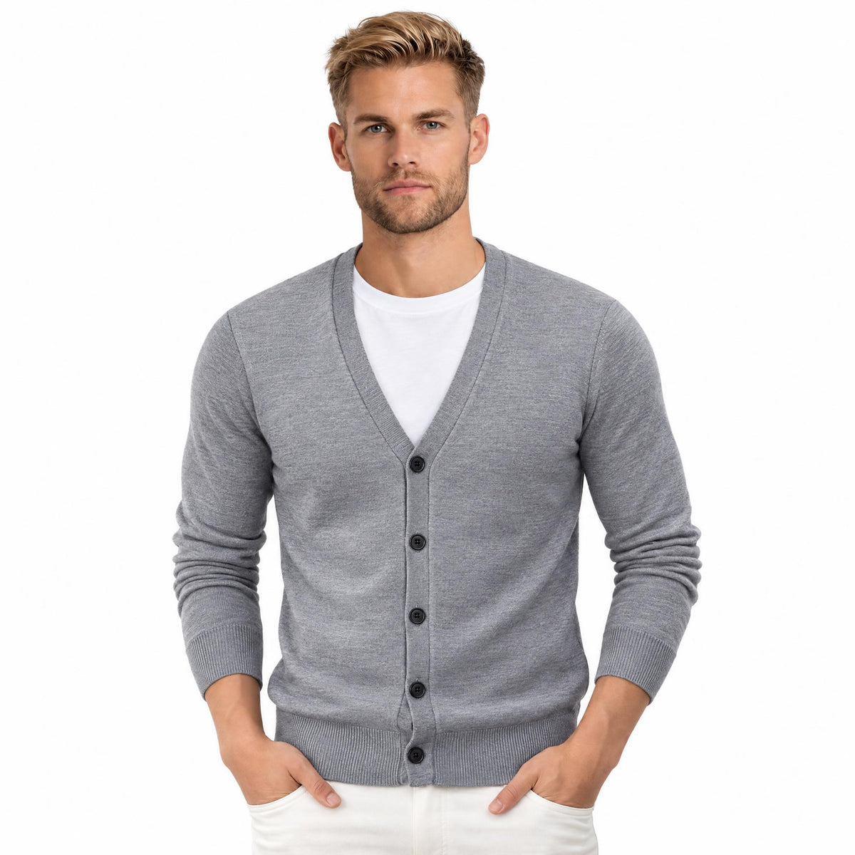 Men's Knit Cardigan with Button Front and V-Neck — Light Grey — view 1
