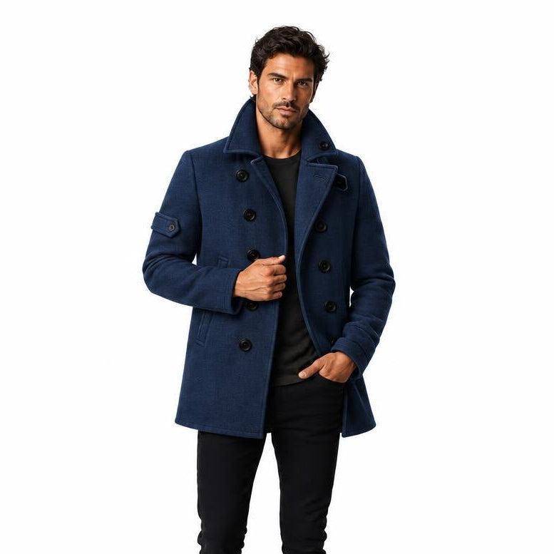 Men's Double-Breasted Coat with Front Pockets, Stand Collar and Lapel Collar — Blue — view 1