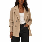 Women's Double-Breasted Jacket with Knitted Sleeves and Lapel Collar — Khaki — view 1