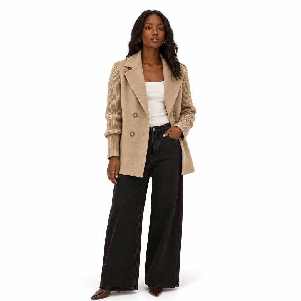 Women's Wool-Textured Blazer Jacket with Knitted Sleeves and Lapel Collar