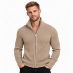 Men's Knit Zip-Up Cardigan with Turtleneck — Khaki — view 1