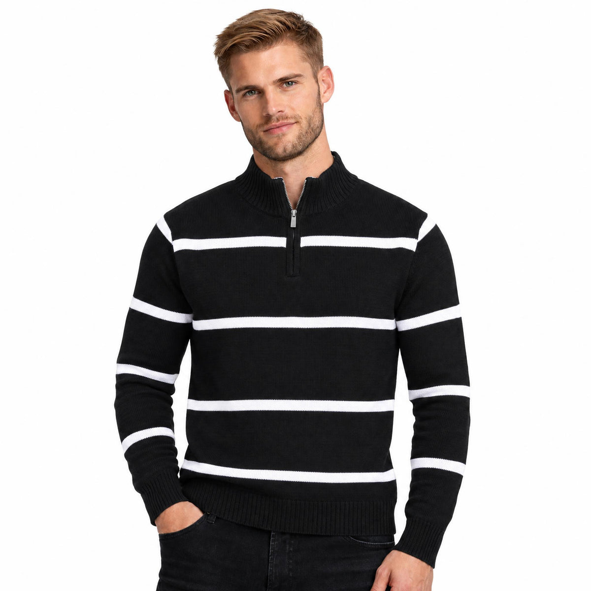 Men's Wool Knit Zip-Up Long Sleeve Jumper with Knitted Sleeves and Stand Collar — Black — view 1