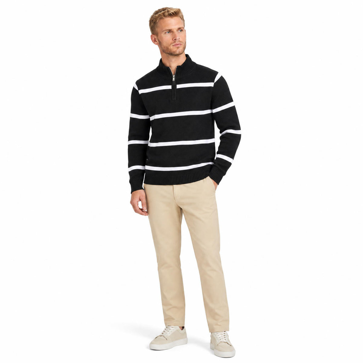 Men's Wool Knit Zip-Up Long Sleeve Jumper with Knitted Sleeves and Stand Collar — Black — view 2