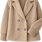 Women's Double-Breasted Jacket with Knitted Sleeves and Lapel Collar — Khaki — view 4