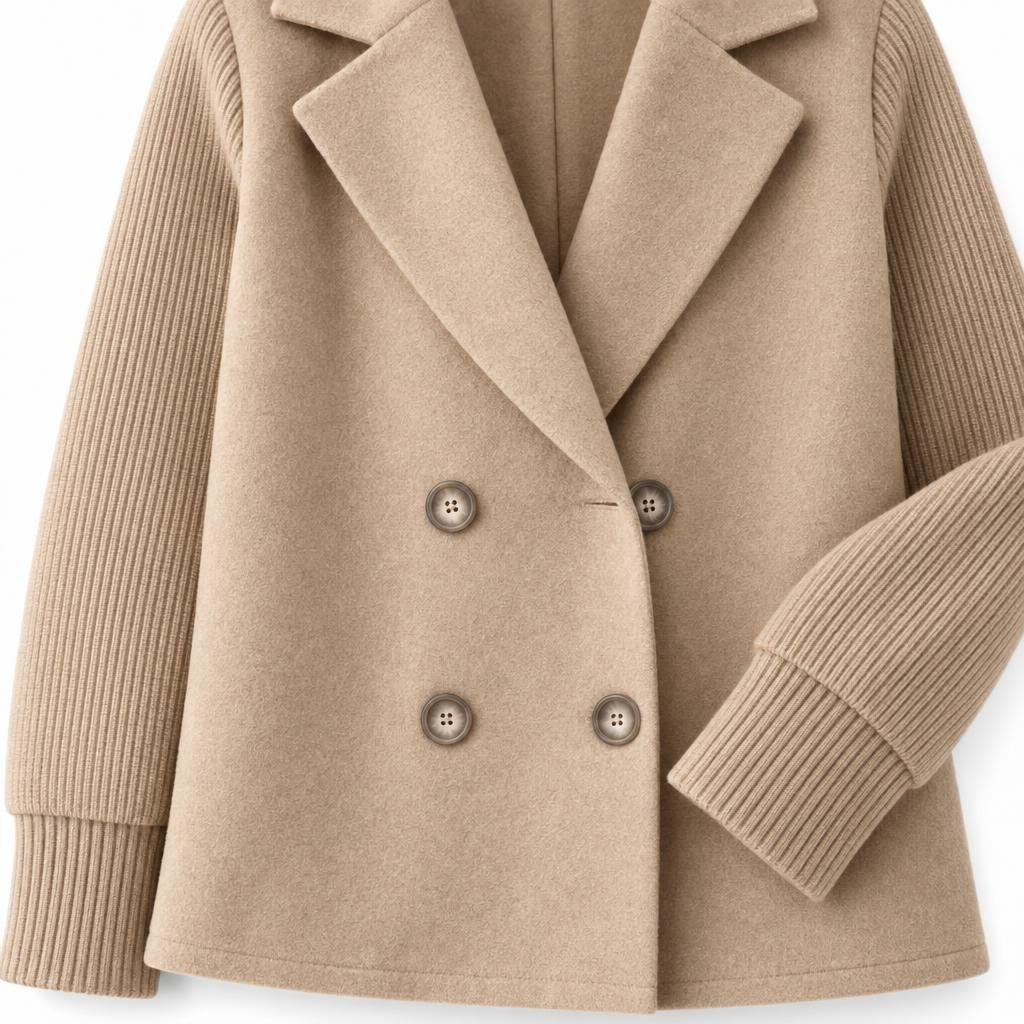 Women's Double-Breasted Jacket with Knitted Sleeves and Lapel Collar — Khaki — view 4