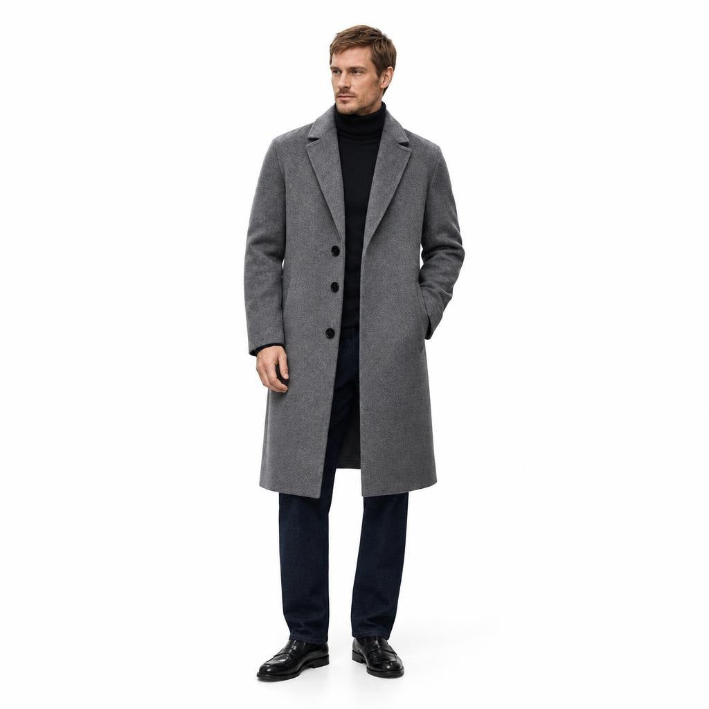 Men's Wool Longline Coat with Front Pockets, Lapel Collar and Button Front — Dark Grey — view 2