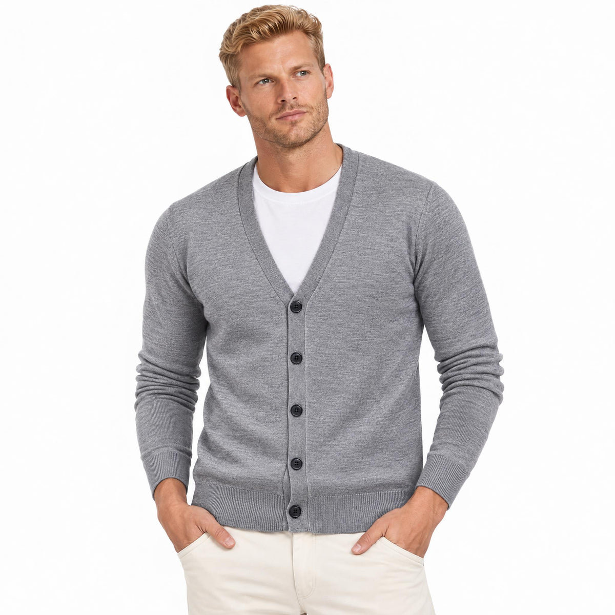 Men's Knit Cardigan with Button Front and V-Neck — Light Grey — view 2