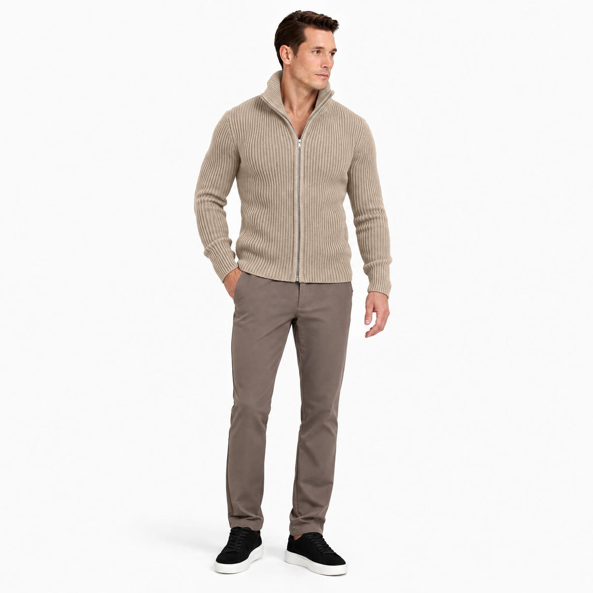 Men's Knit Zip-Up Cardigan with Turtleneck — Khaki — view 2
