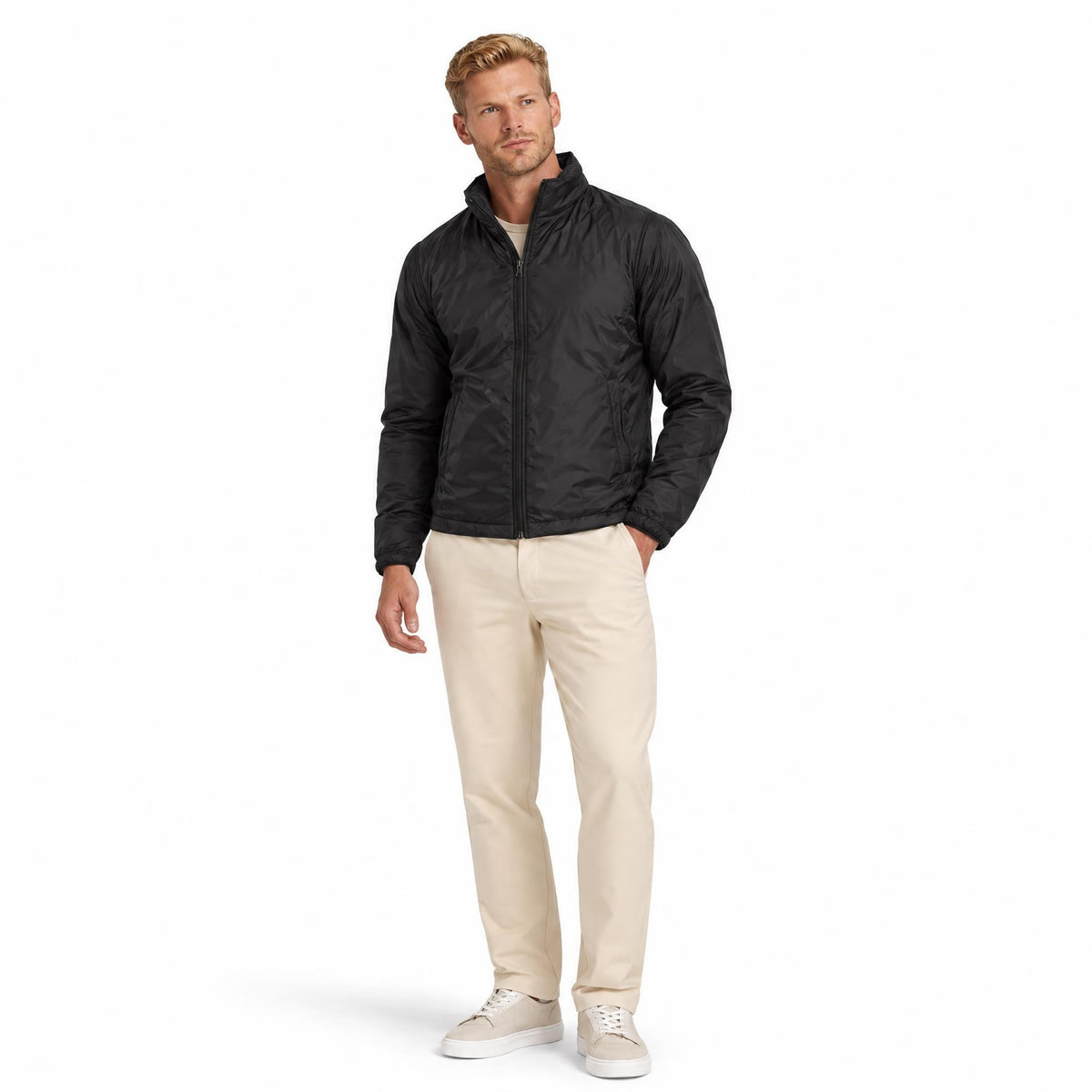 Men's Zip-Up Coat with Front Pockets — Black — view 2