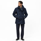 Men's Double-Breasted Coat with Front Pockets, Stand Collar and Lapel Collar — Blue — view 2