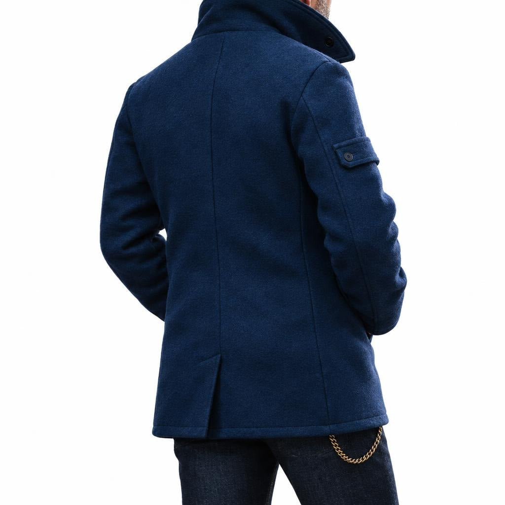 Men's Double-Breasted Coat with Front Pockets, Stand Collar and Lapel Collar — Blue — view 3