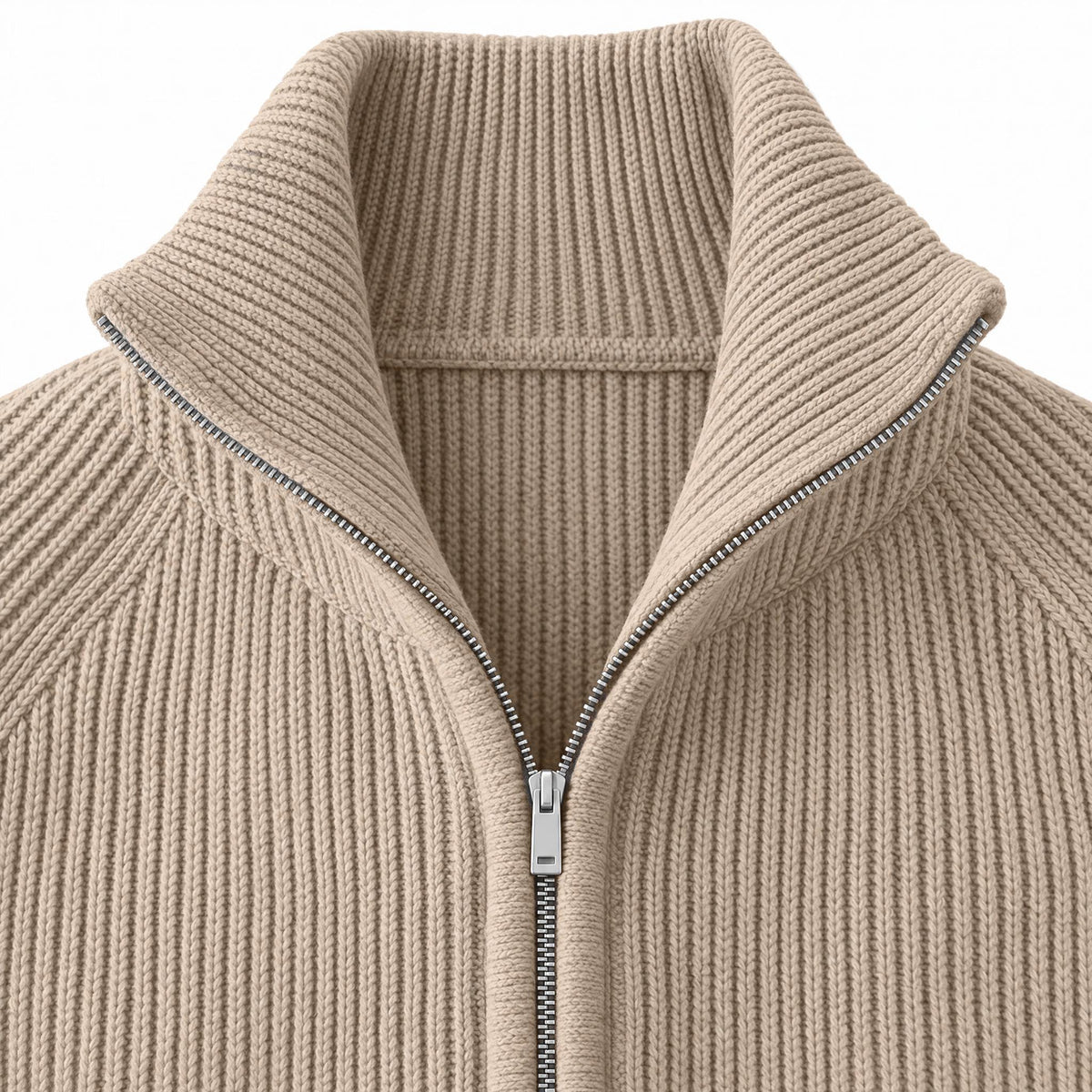 Men's Knit Zip-Up Cardigan with Turtleneck — Khaki — view 4
