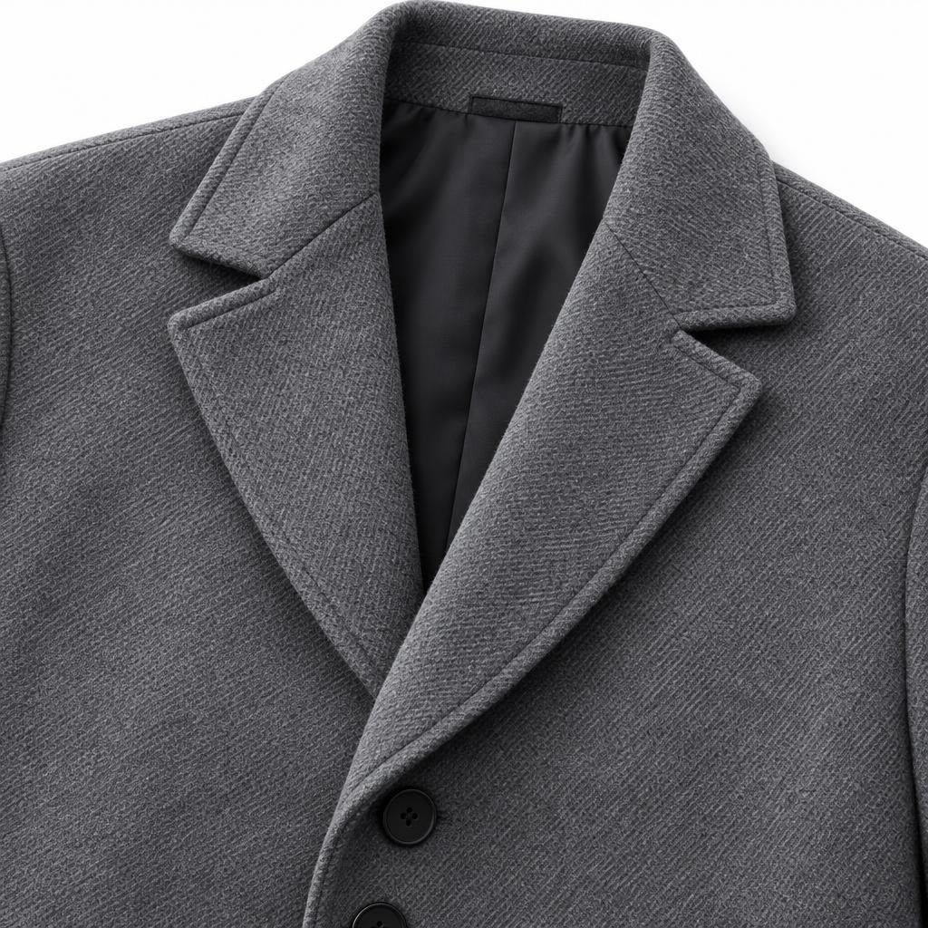 Men's Wool Longline Coat with Front Pockets, Lapel Collar and Button Front — Dark Grey — view 6
