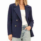 Women's Double-Breasted Jacket with Knitted Sleeves and Lapel Collar — Navy Blue — view 1
