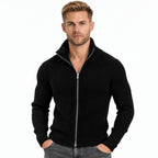 Men's Knit Zip-Up Cardigan with Turtleneck — Black — view 1