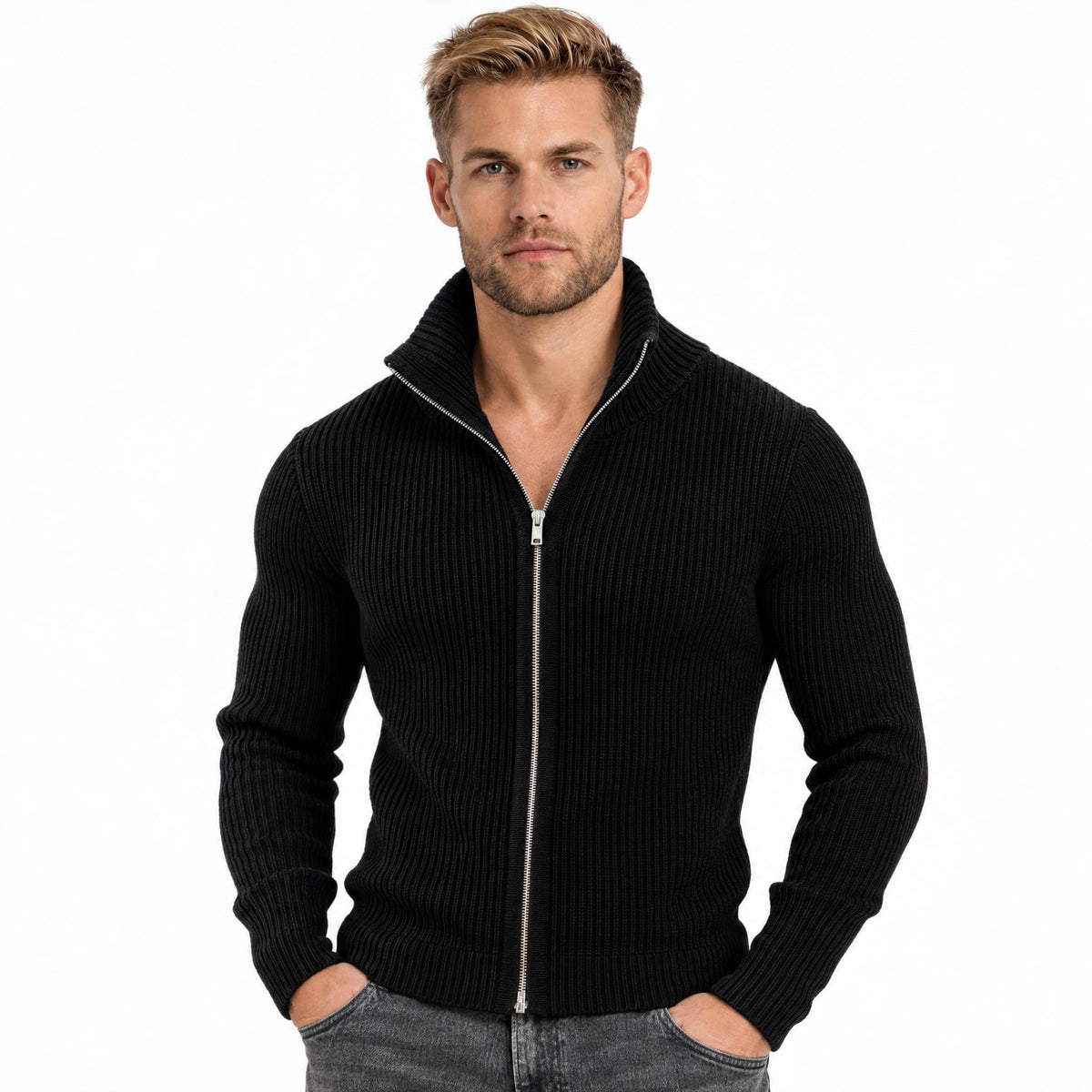 Men's Knit Zip-Up Cardigan with Turtleneck — Black — view 1