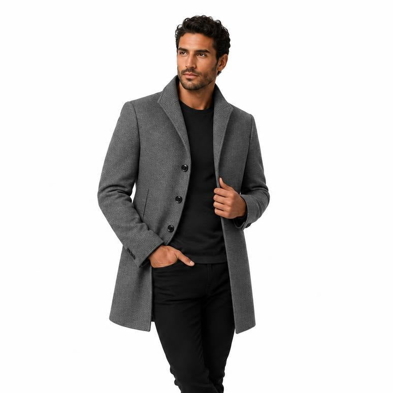 Men's Wool Single-Breasted Coat with Front Pockets and Lapel Collar — Grey — view 1