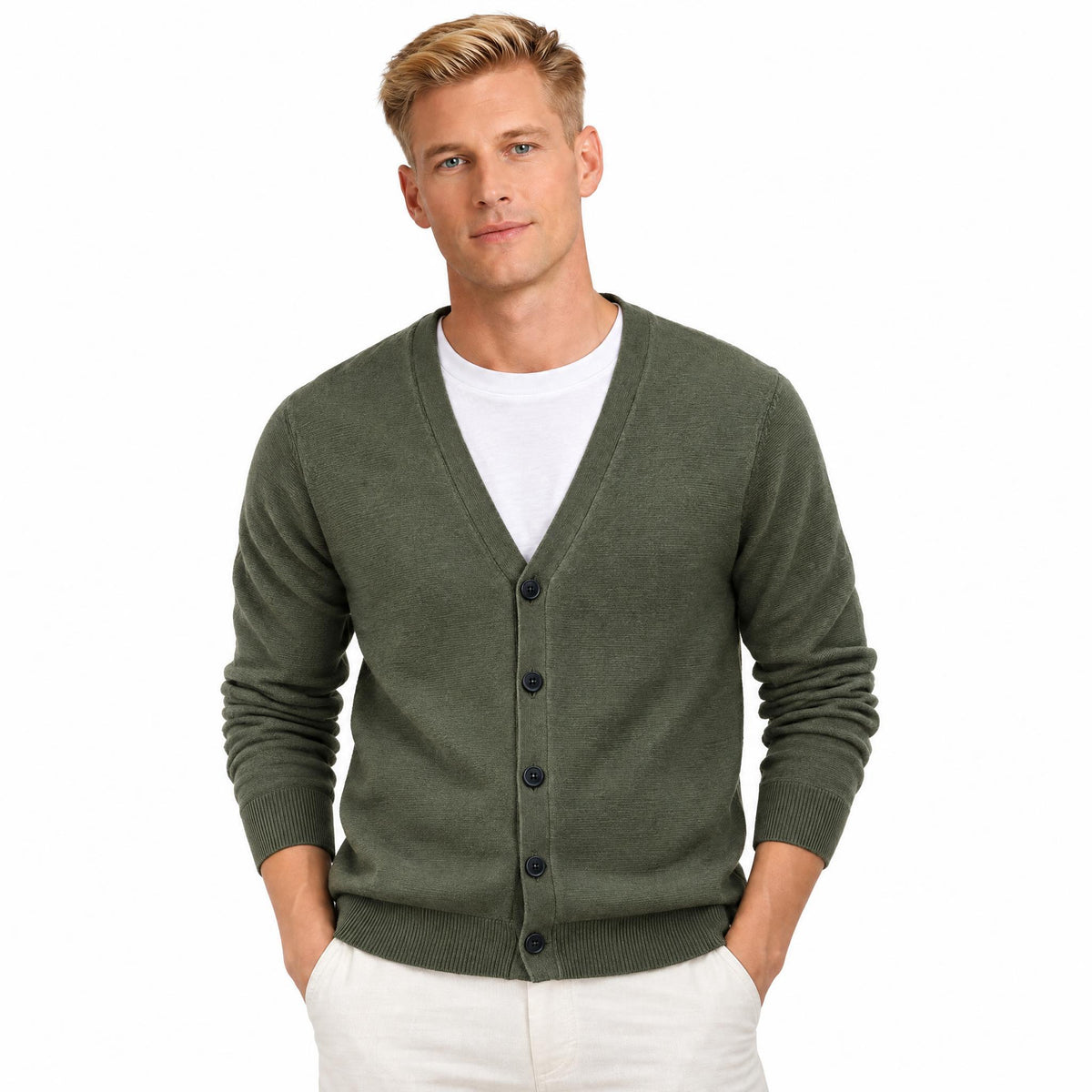 Men's Knit Cardigan with Button Front and V-Neck — Green — view 1