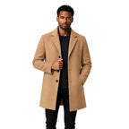 Men's Wool Longline Coat with Front Pockets, Lapel Collar and Button Front — Khaki — view 1