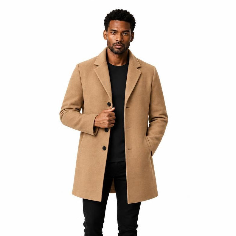 Men's Wool Longline Coat with Front Pockets, Lapel Collar and Button Front — Khaki — view 1