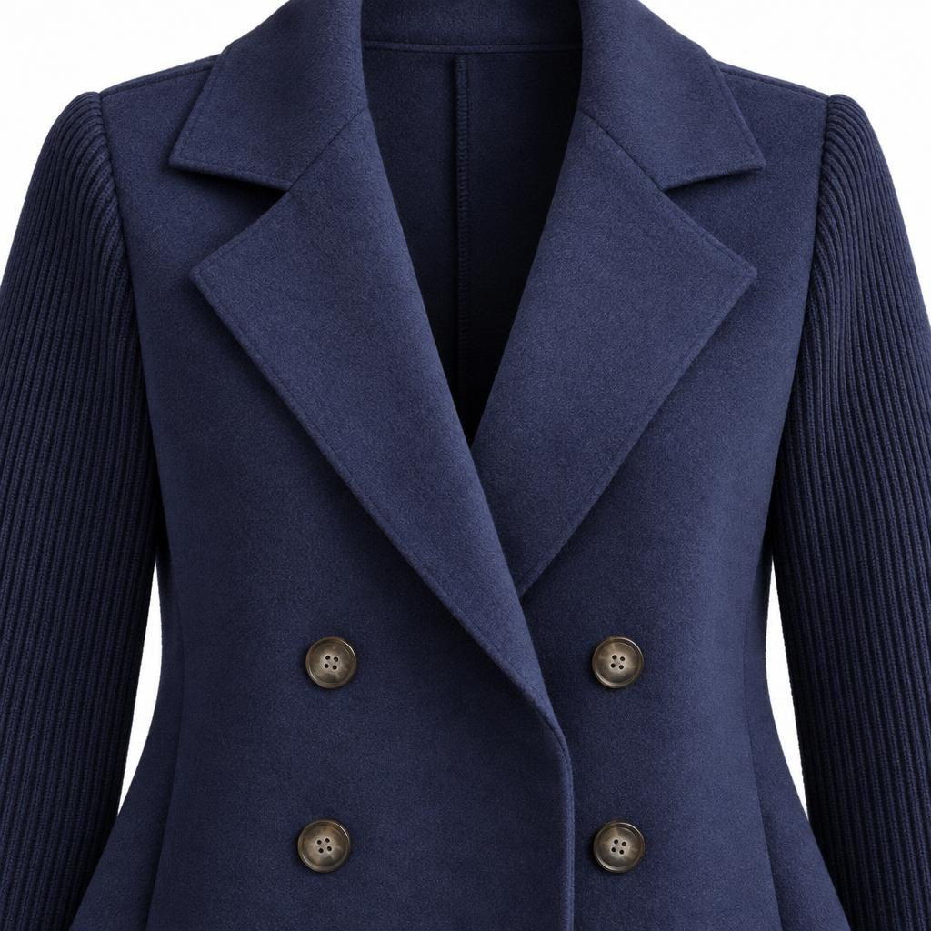 Women's Double-Breasted Jacket with Knitted Sleeves and Lapel Collar — Navy Blue — view 4