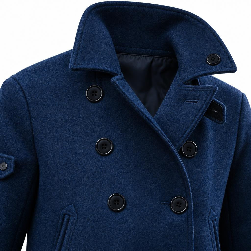 Men's Double-Breasted Coat with Front Pockets, Stand Collar and Lapel Collar — Blue — view 4