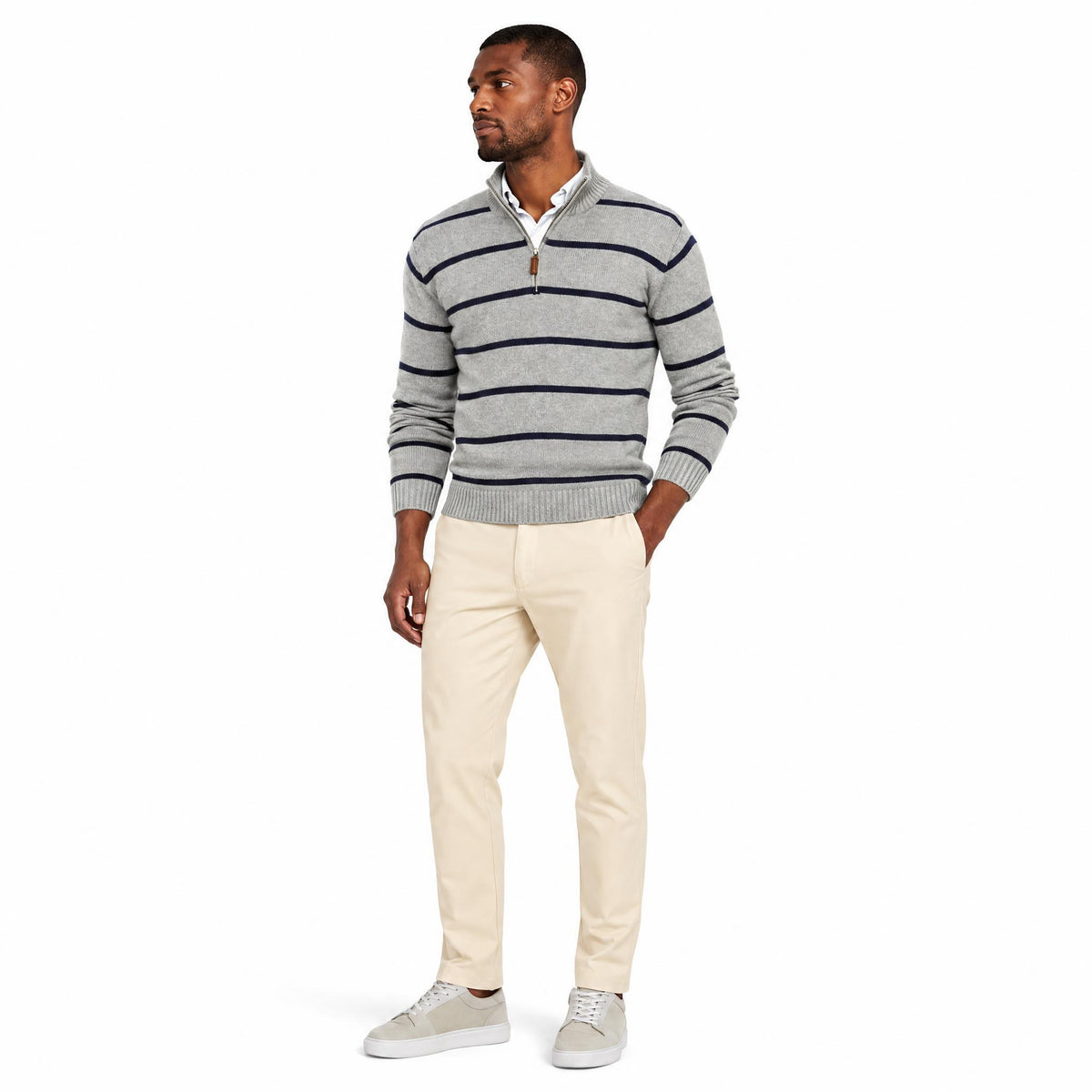 Men's Wool Knit Zip-Up Long Sleeve Jumper with Knitted Sleeves and Stand Collar — Light Grey — view 2