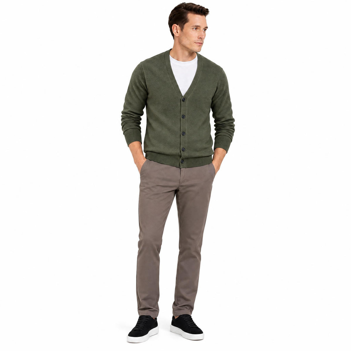 Men's Knit Cardigan with Button Front and V-Neck — Green — view 2
