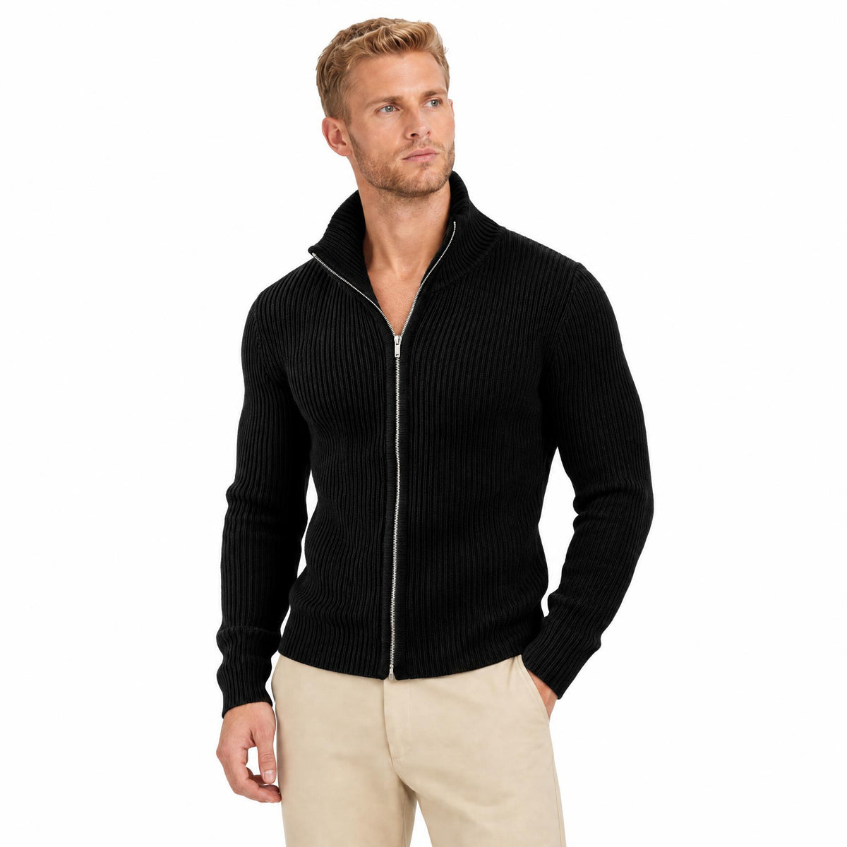 Men's Knit Zip-Up Cardigan with Turtleneck — Black — view 2
