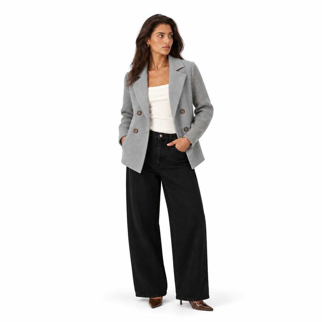 Women's Double-Breasted Jacket with Knitted Sleeves and Lapel Collar — Grey — view 1