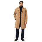 Men's Wool Longline Coat with Front Pockets, Lapel Collar and Button Front — Khaki — view 2