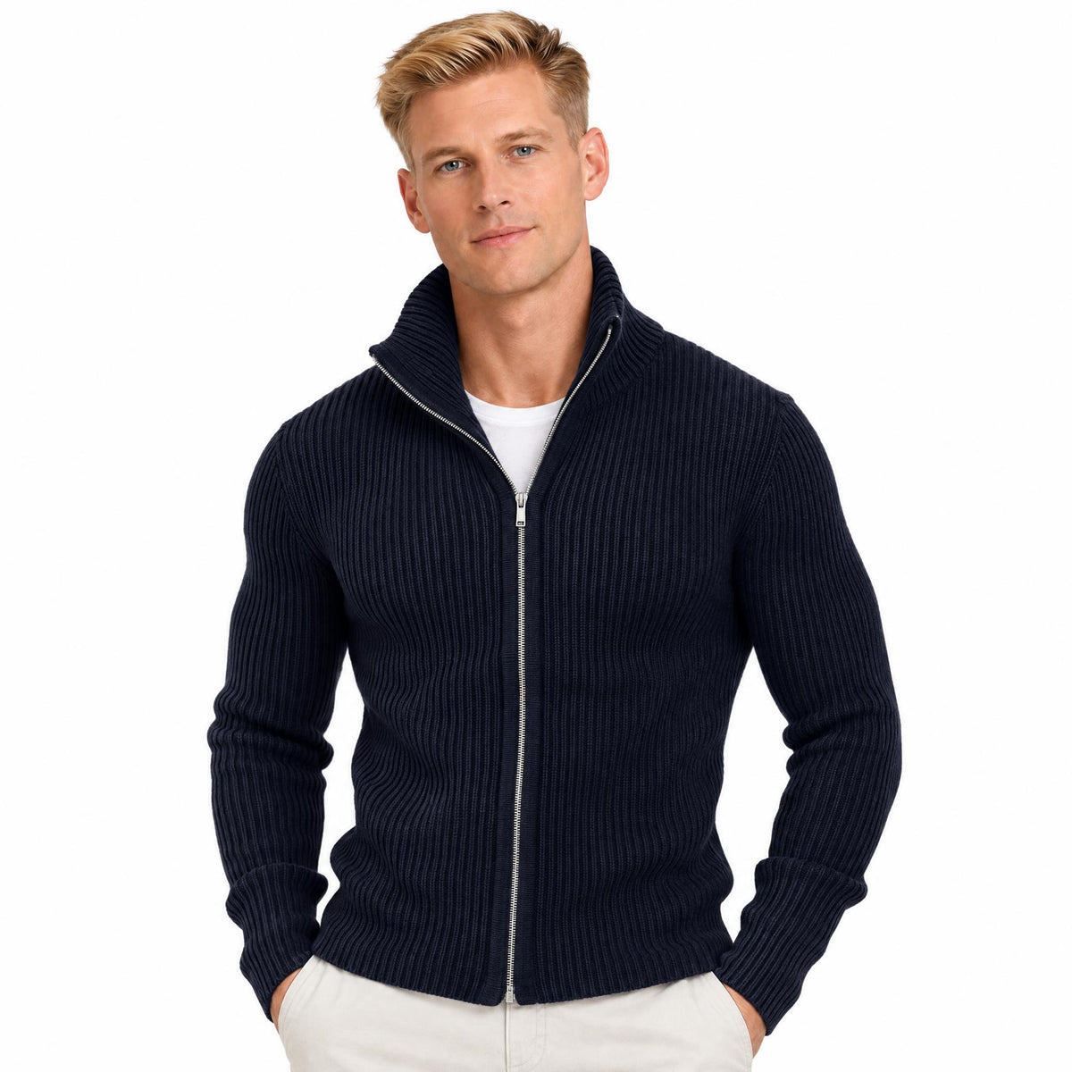 Men's Knit Zip-Up Cardigan with Turtleneck — Navy Blue — view 1