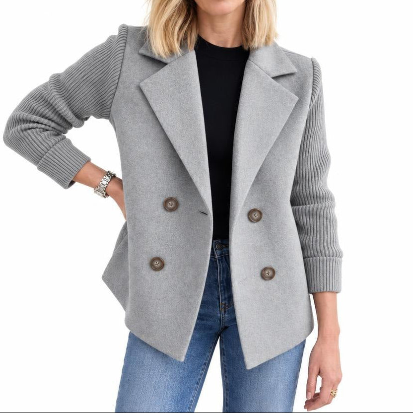 Women's Double-Breasted Jacket with Knitted Sleeves and Lapel Collar — Grey — view 2