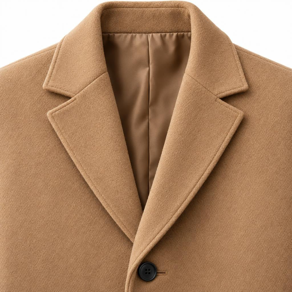 Men's Wool Longline Coat with Front Pockets, Lapel Collar and Button Front — Khaki — view 9