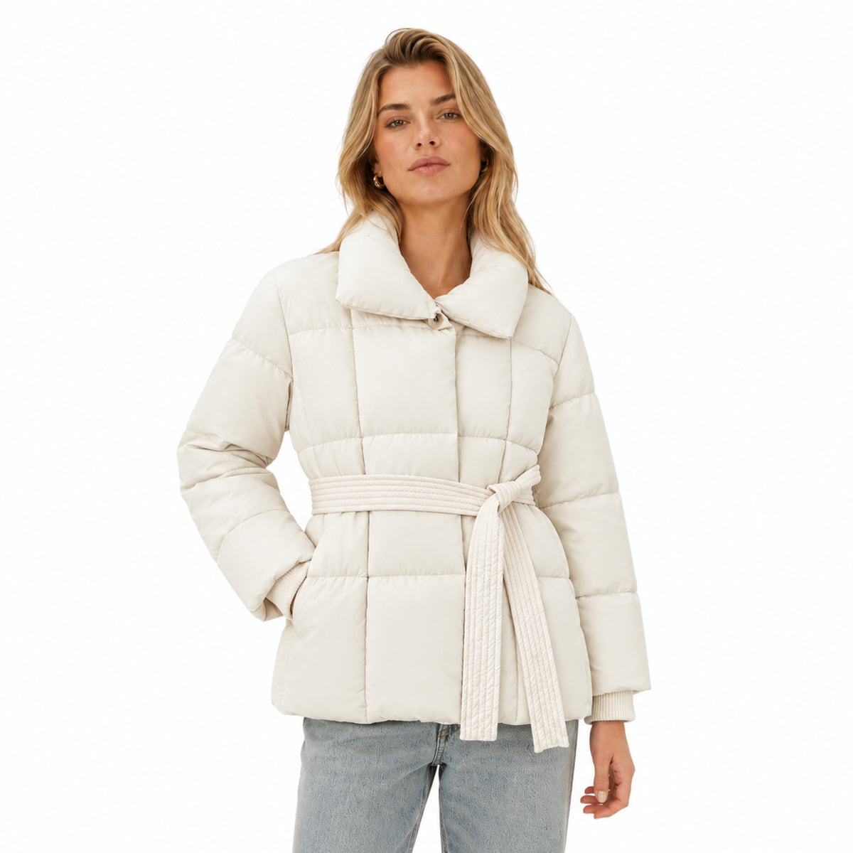 Women's Belted Puffer Jacket Oversized Collar Relaxed Fit