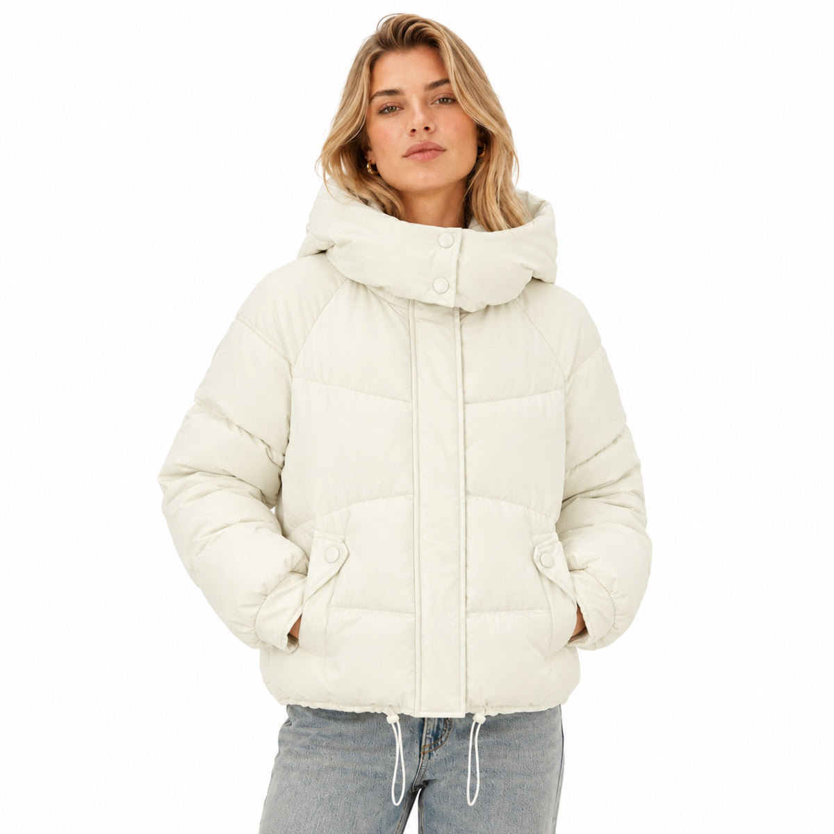 Women's Hooded Puffer Jacket Snap Pockets Relaxed Fit