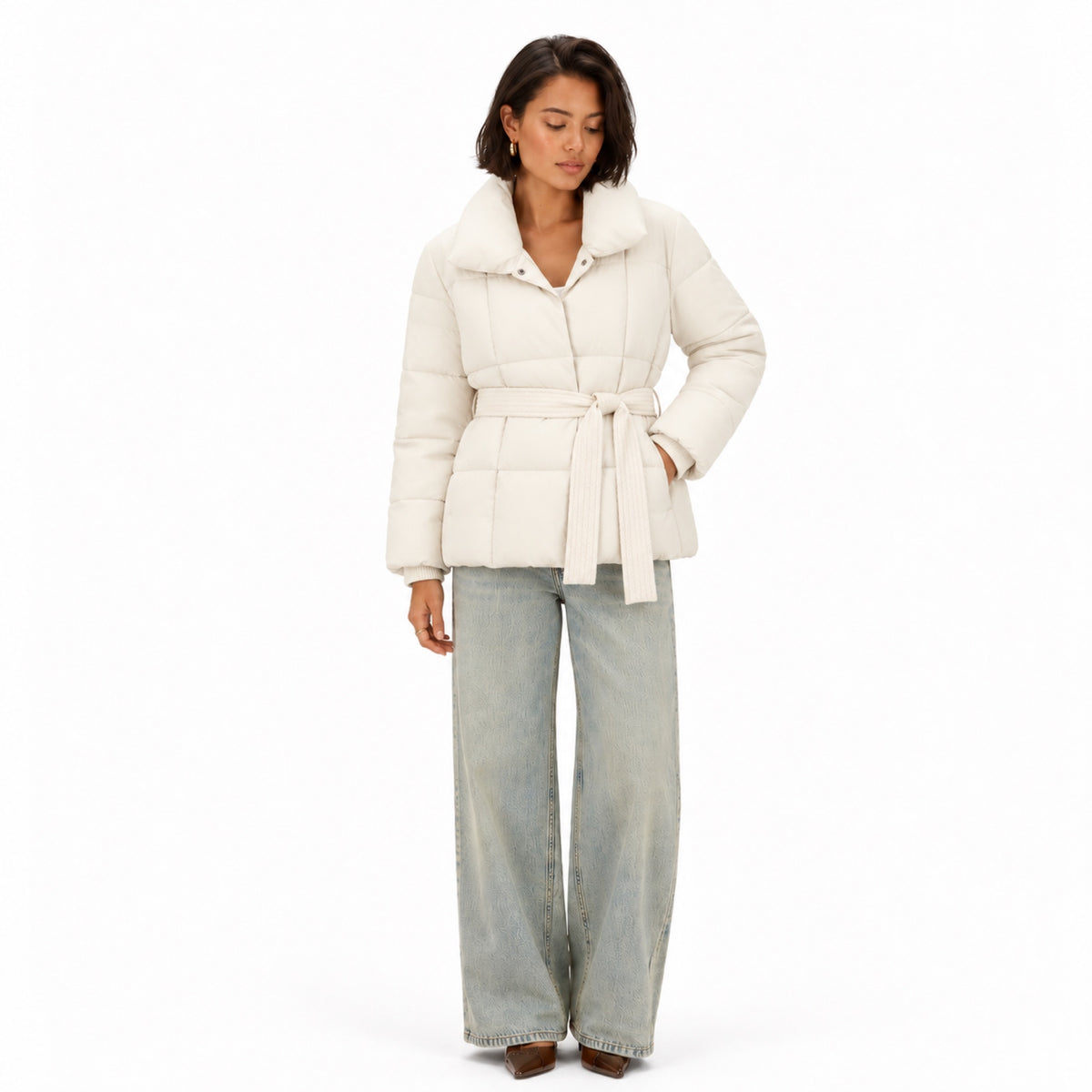 Women's Belted Puffer Jacket Oversized Collar Relaxed Fit