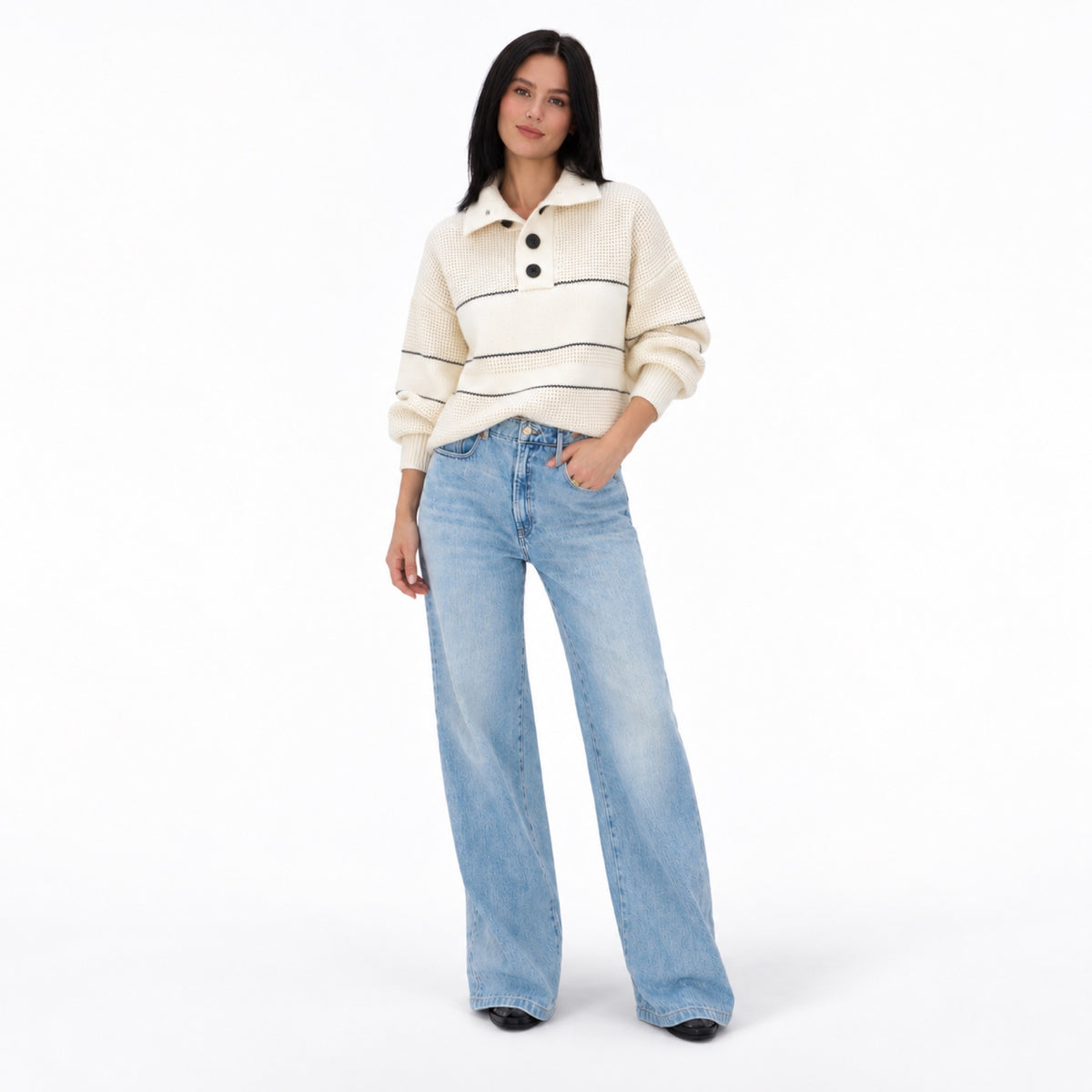 Women's Textured Button-Neck Jumper Striped Relaxed Fit