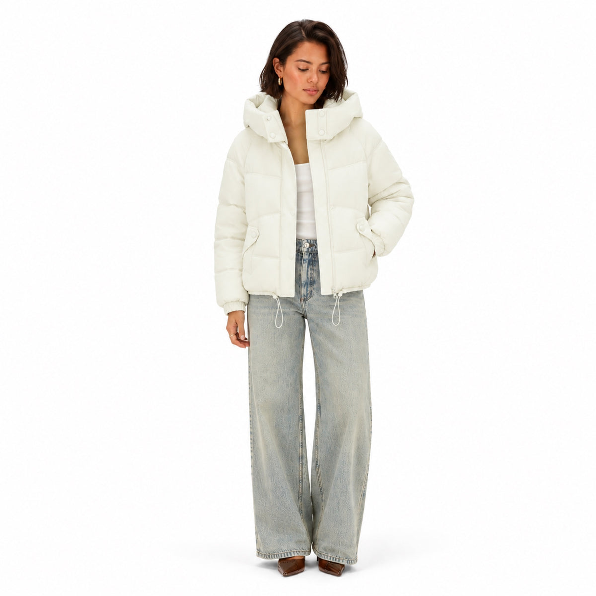 Women's Hooded Puffer Jacket Snap Pockets Relaxed Fit