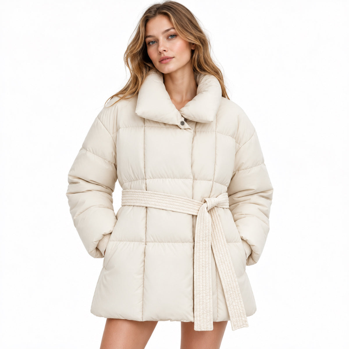 Women's Belted Puffer Jacket Oversized Collar Relaxed Fit