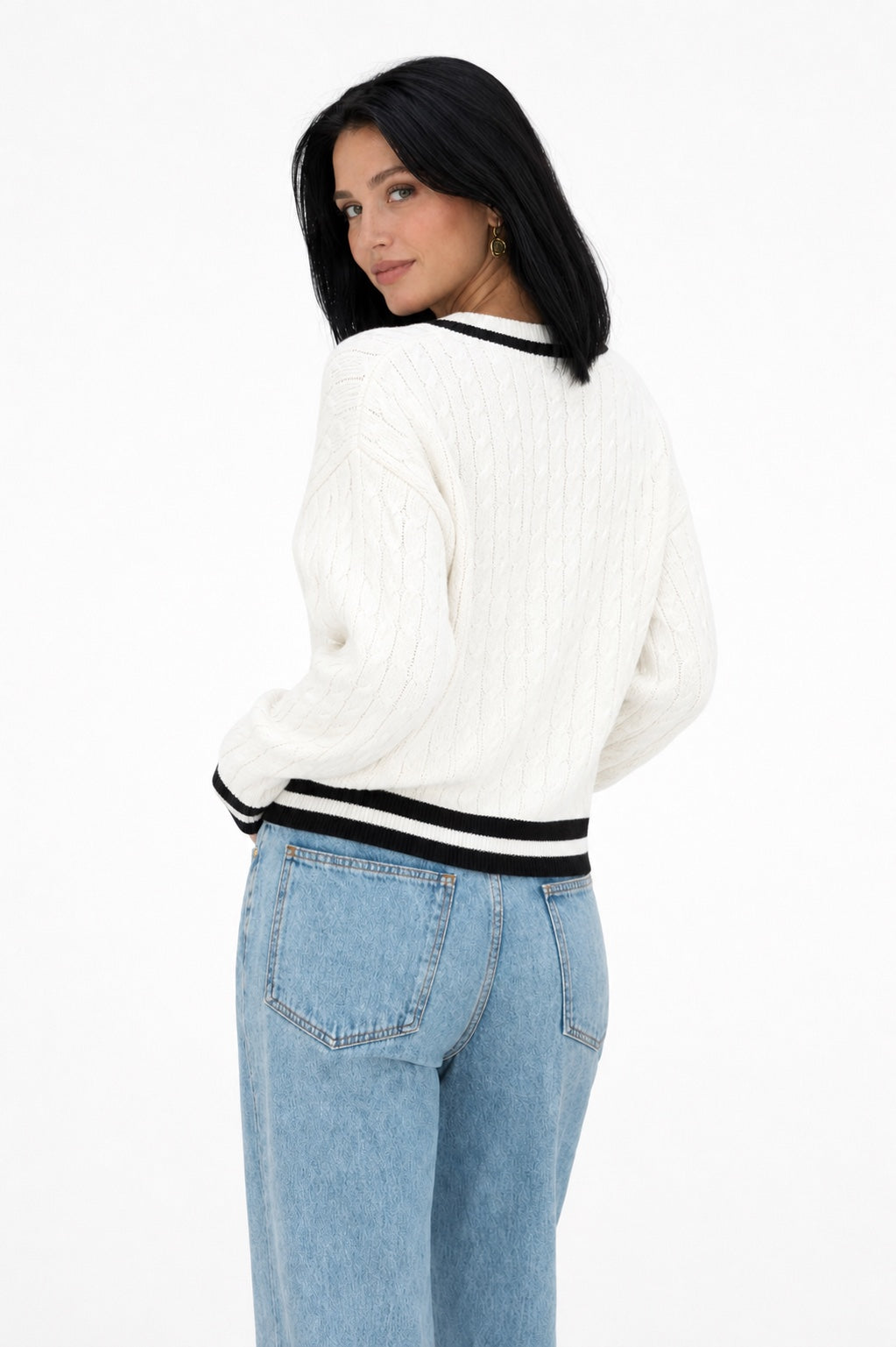 Women's Cable-Knit V-Neck Jumper Varsity Trim Relaxed Fit - White back