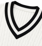 Women's Cable-Knit V-Neck Jumper Varsity Trim Relaxed Fit - White detail