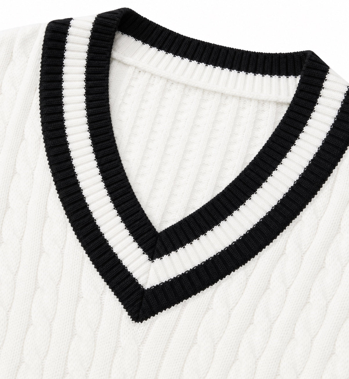Women's Cable-Knit V-Neck Jumper Varsity Trim Relaxed Fit - White detail