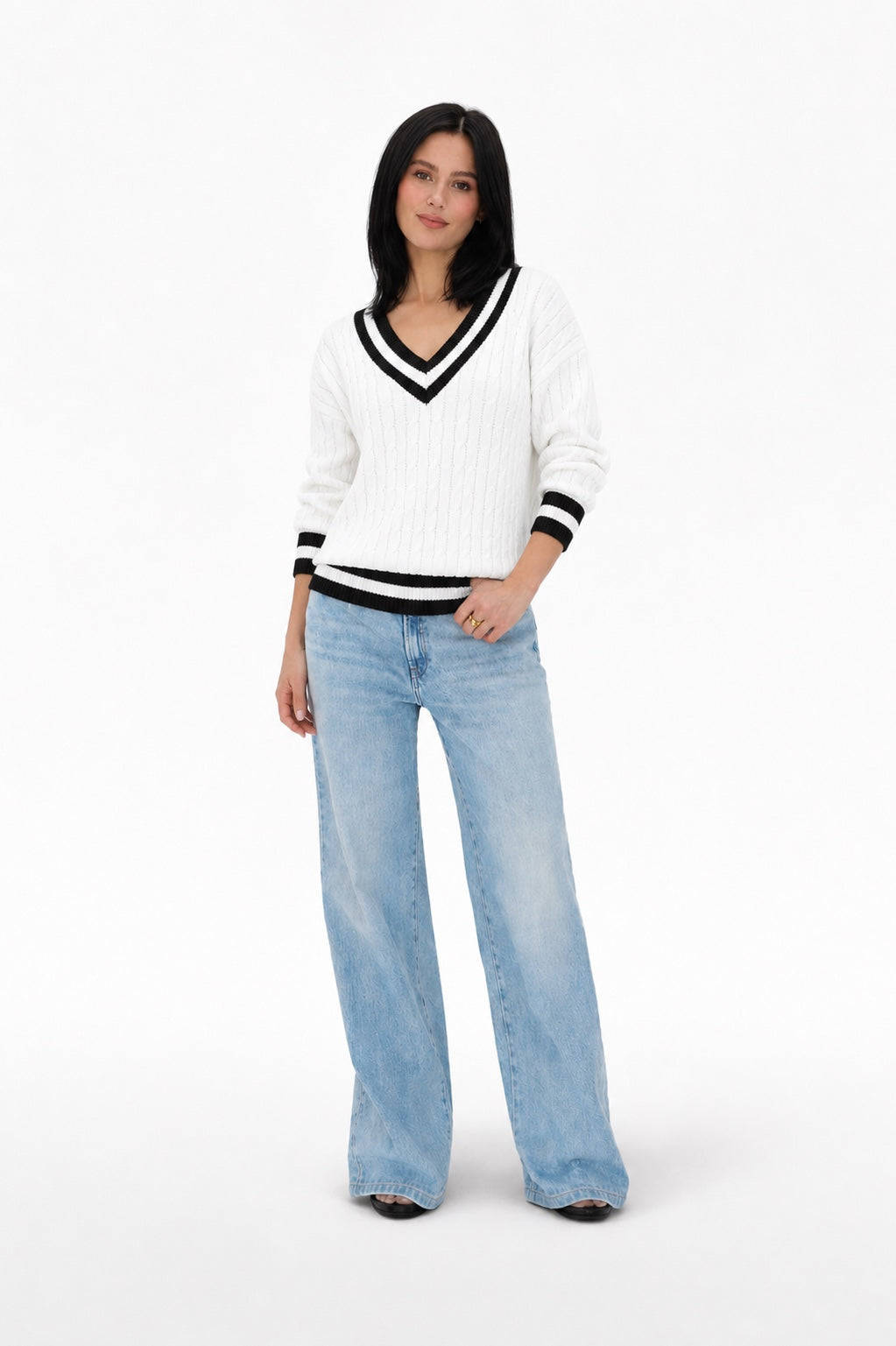 Women's Cable-Knit V-Neck Jumper Varsity Trim Relaxed Fit - White full front